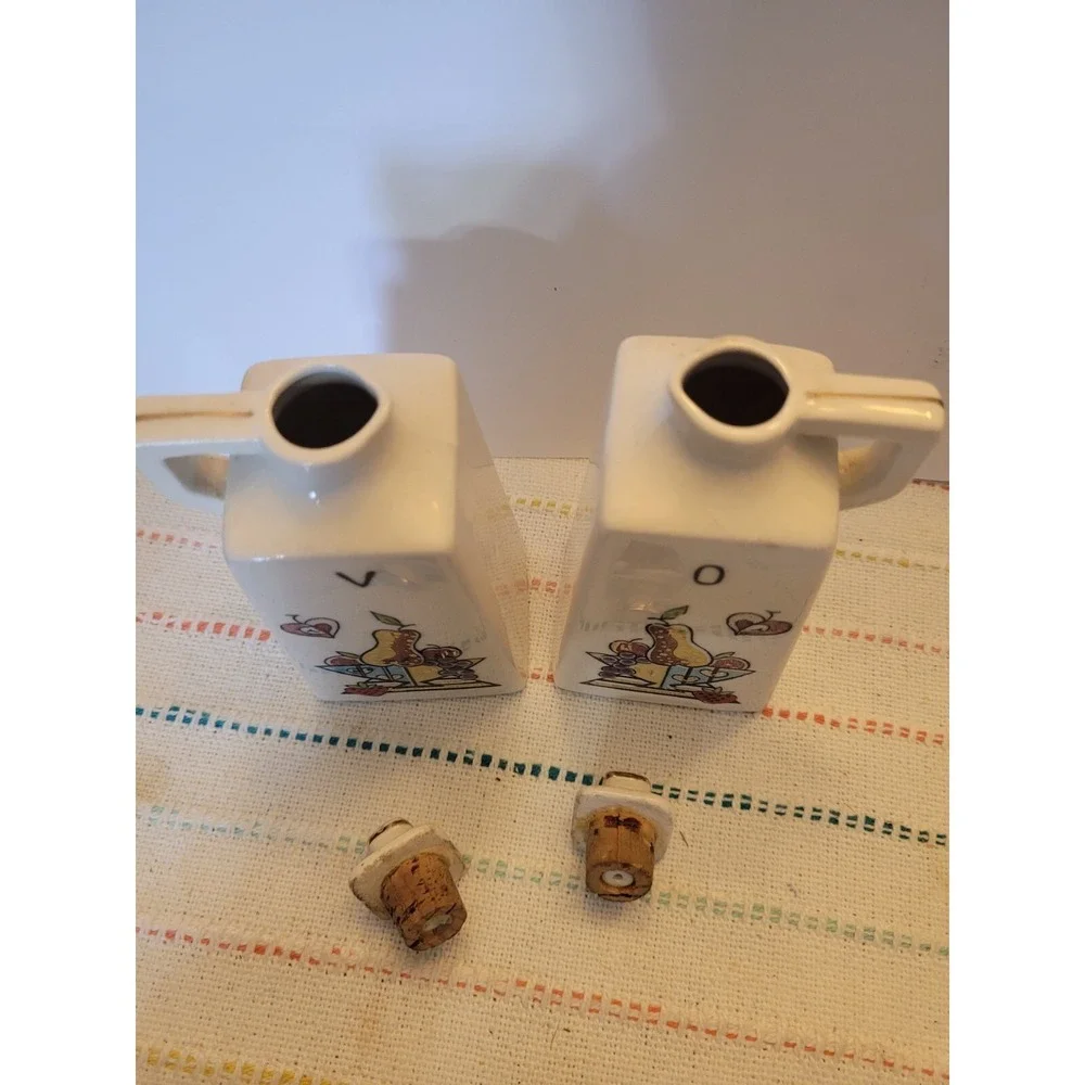 Vintage Ceramic Oil and Vinegar Cruets Abstract Fruit Bowl Design with Tray MCM